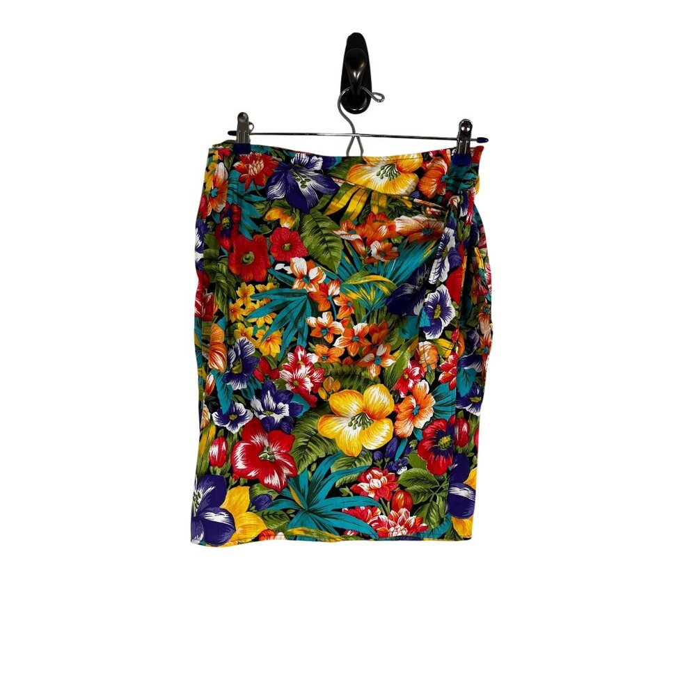 Vintage Floral Mini Wrap Skirt Green L Tropical Resort Cruise Colorful Retro 80s